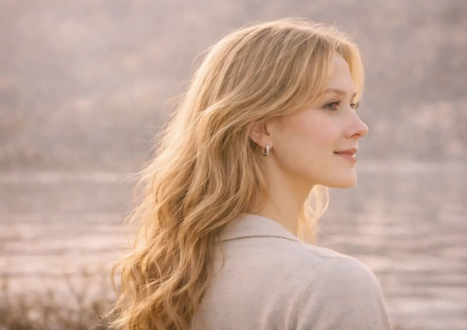 Frau mit blonden Haaren am Wasser, im Abendlicht