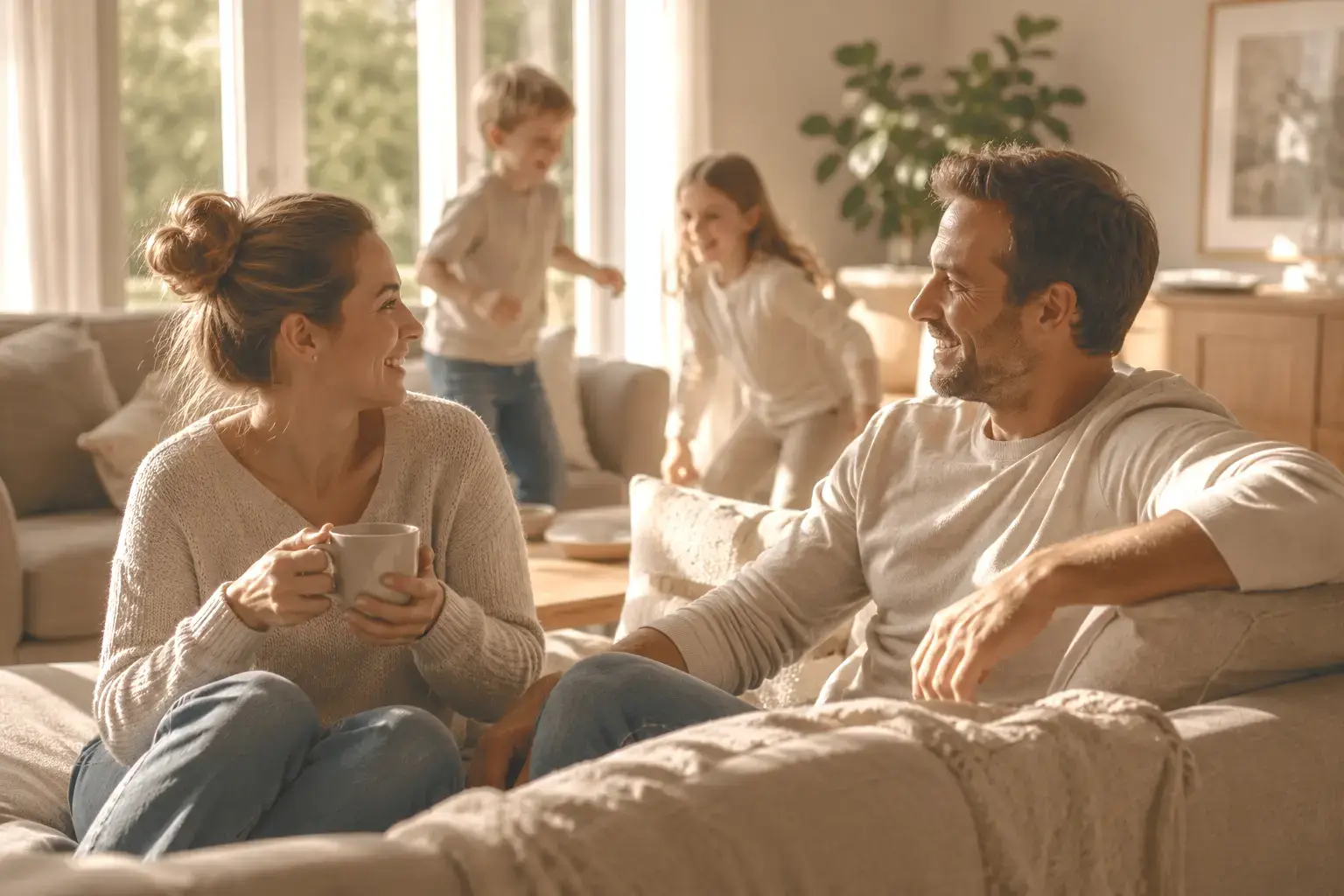 Familie im hellen Wohnzimmer, Kinder spielen im Hintergrund